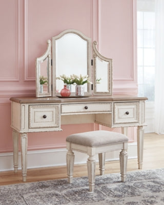 Ashley Realyn Two-tone Vanity and Mirror with Stool (Set of 3)