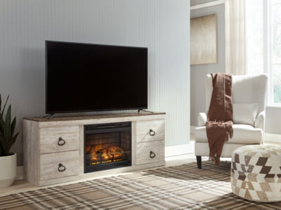 Ashley Willowton Whitewash TV Stand with Electric Fireplace