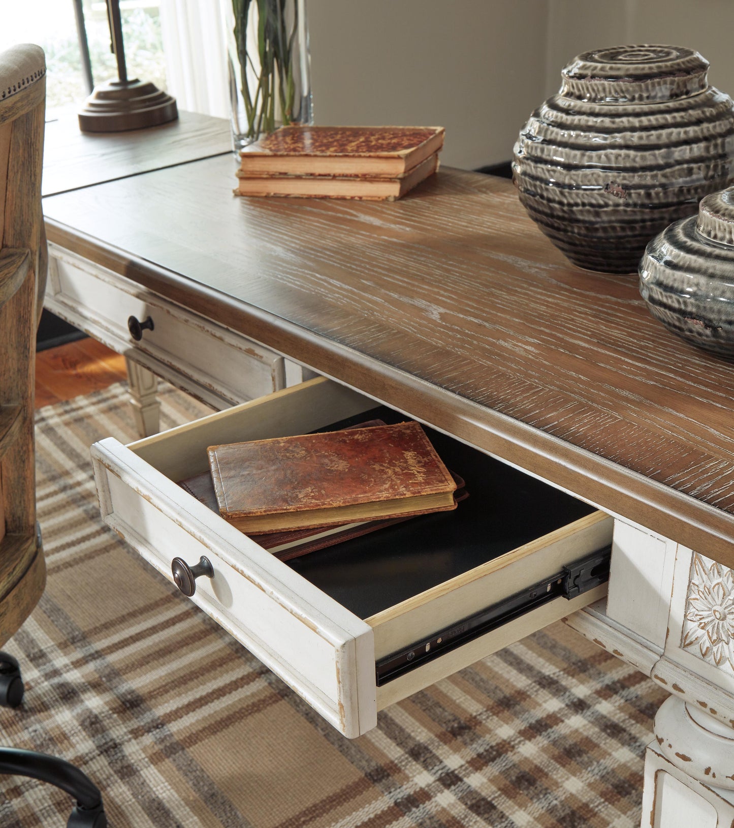 Ashley Realyn White Brown 2-Piece Home Office Lift Top Desk