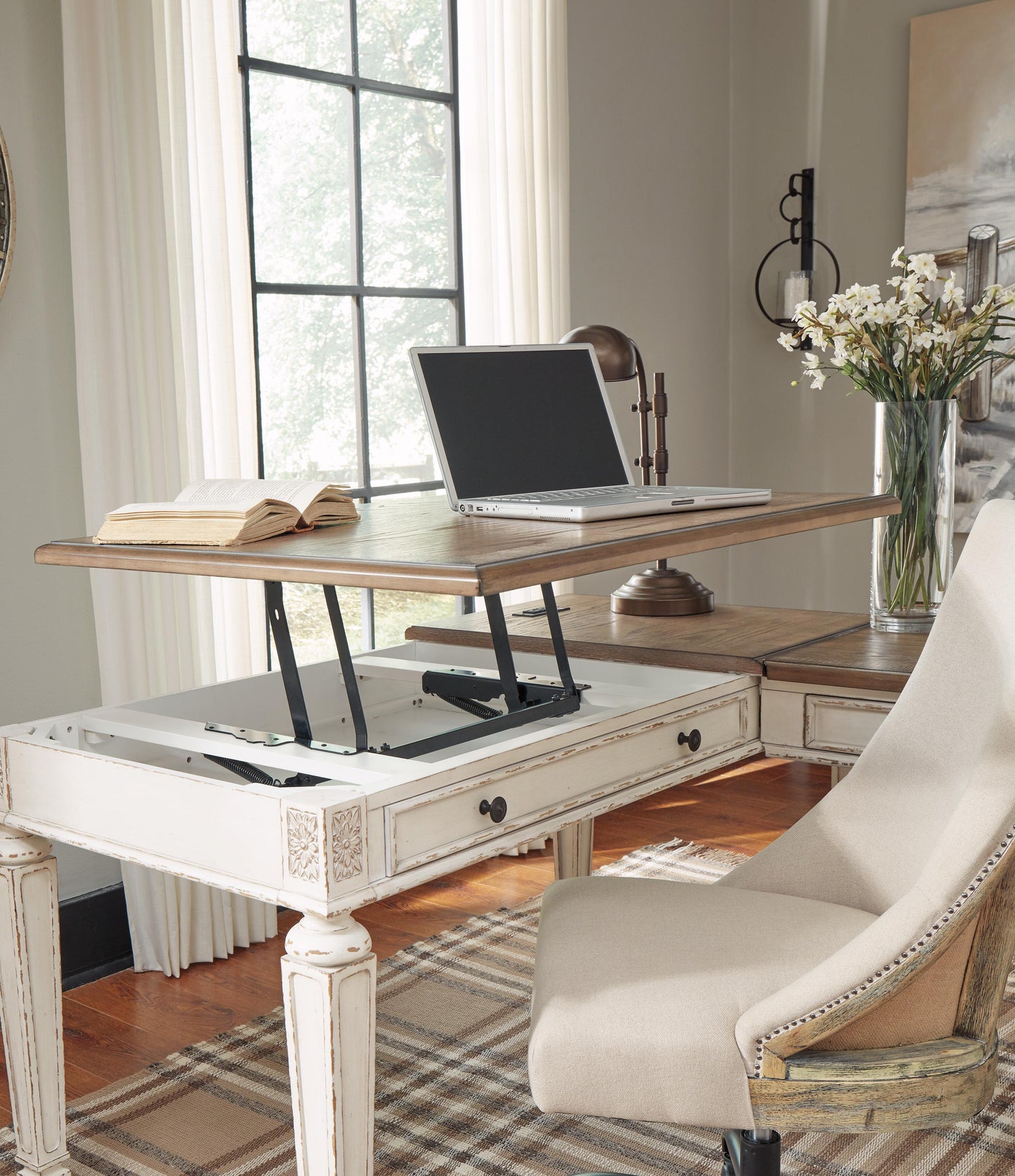 Ashley Realyn White Brown 2-Piece Home Office Lift Top Desk