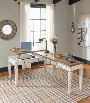 Ashley Realyn White Brown 2-Piece Home Office Lift Top Desk