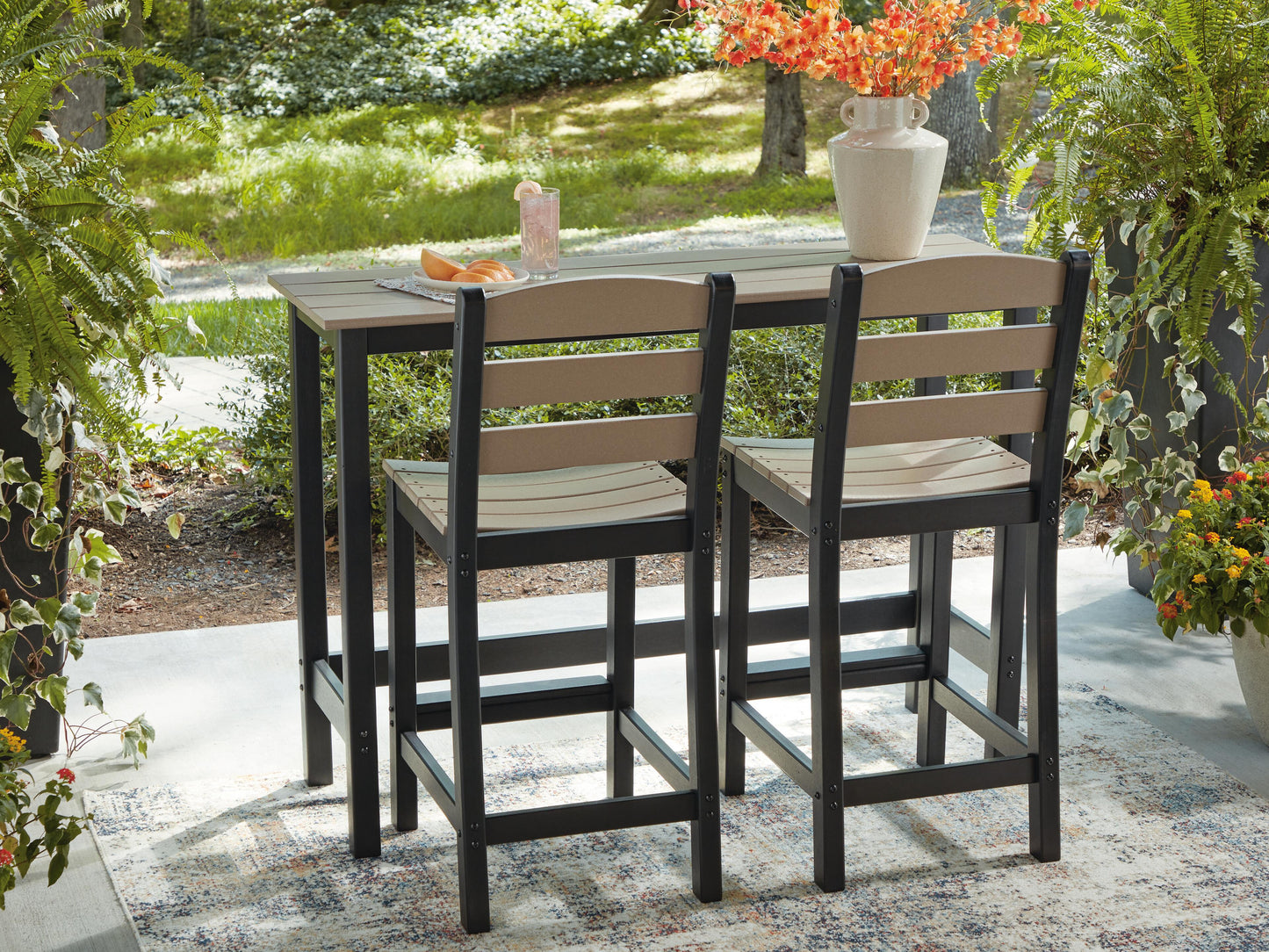 Ashley Moondance Black Beige Outdoor Counter Table and 2 Barstools (Set of 3)