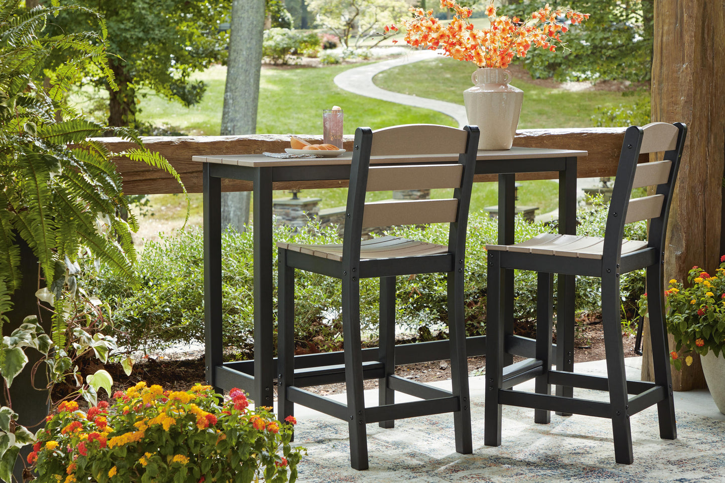 Ashley Moondance Black Beige Outdoor Counter Table and 2 Barstools (Set of 3)