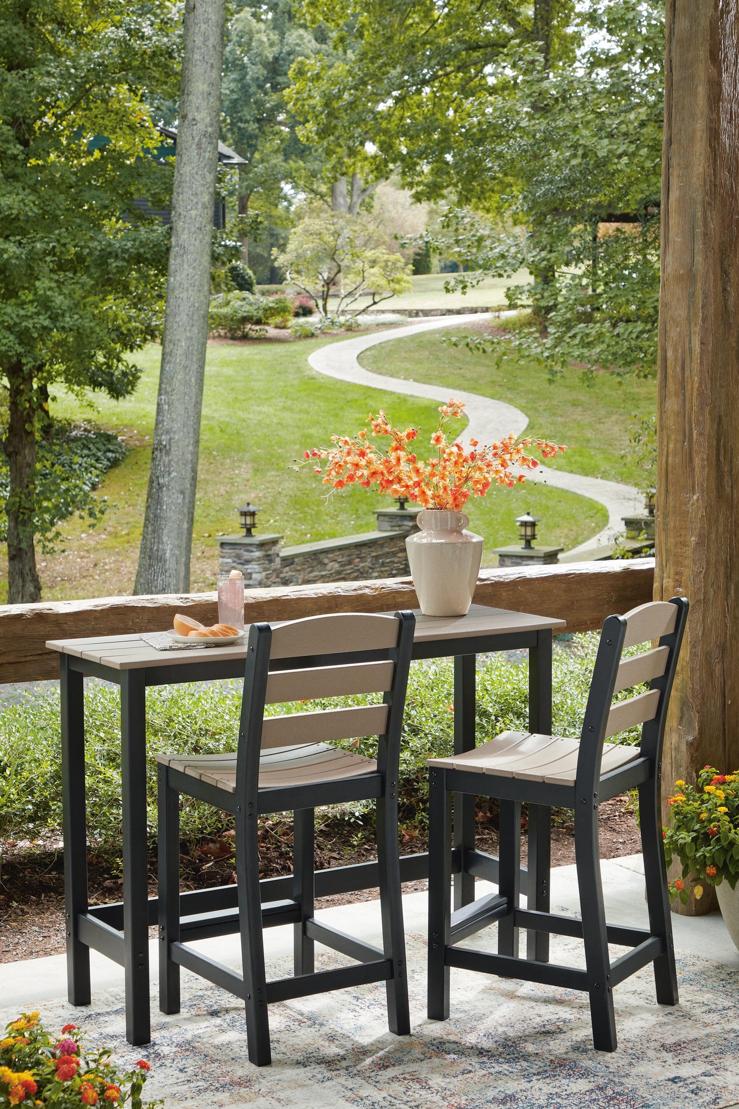 Ashley Moondance Black Beige Outdoor Counter Table and 2 Barstools (Set of 3)