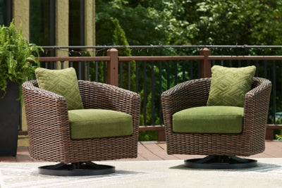Ashley Horizon Hall Brown Green Outdoor Swivel Lounge Chair with Cushion