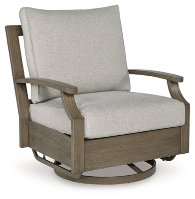 Ashley Rainier Ranch Brown Beige Outdoor Swivel Glider Chair with Cushion