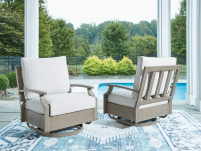 Ashley Rainier Ranch Brown Beige Outdoor Swivel Glider Chair with Cushion