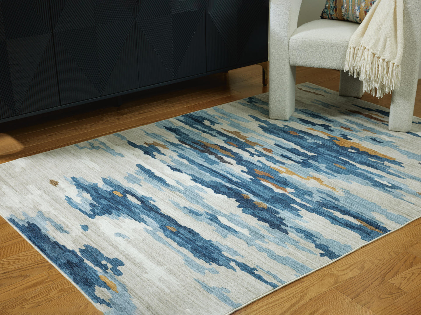 Ashley Vinlett Cream Blue Brown 5' x 7' Washable Rug
