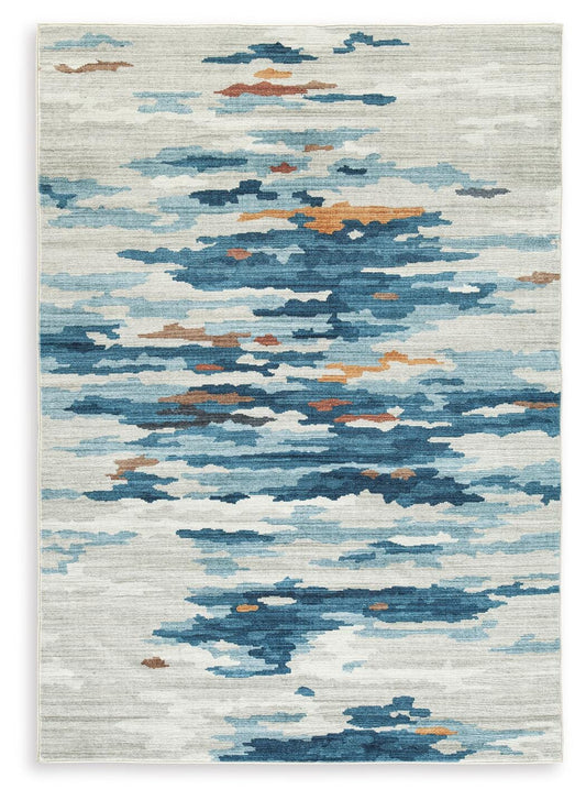 Ashley Vinlett Cream Blue Brown 5' x 7' Washable Rug