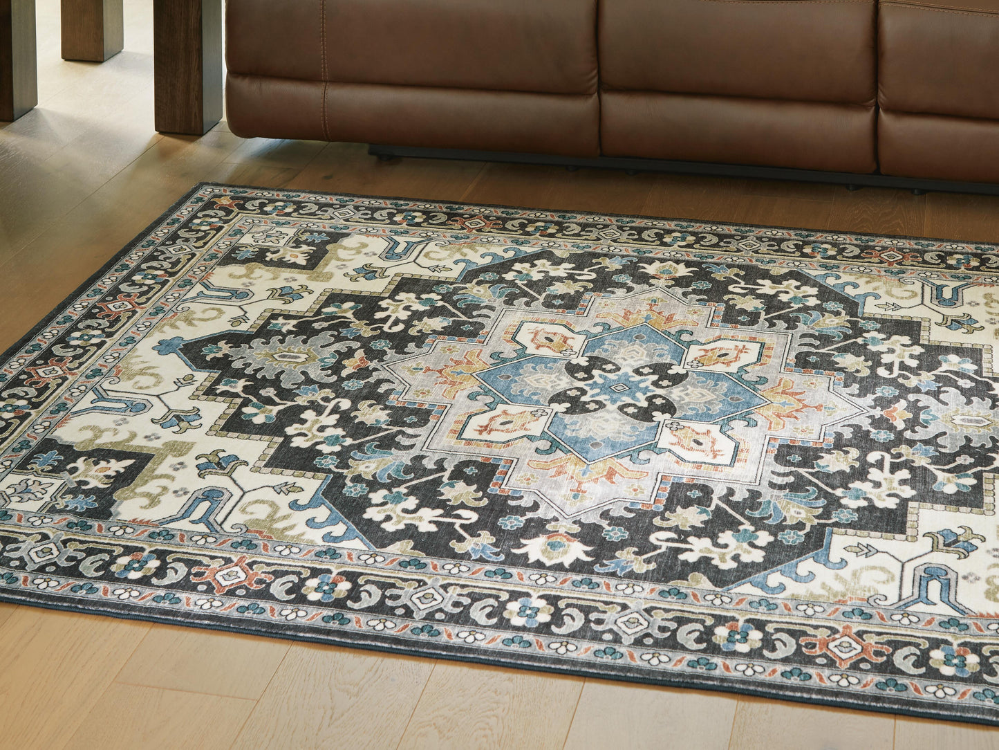Ashley Leningston Black Cream Blue 5' x 7' Washable Rug