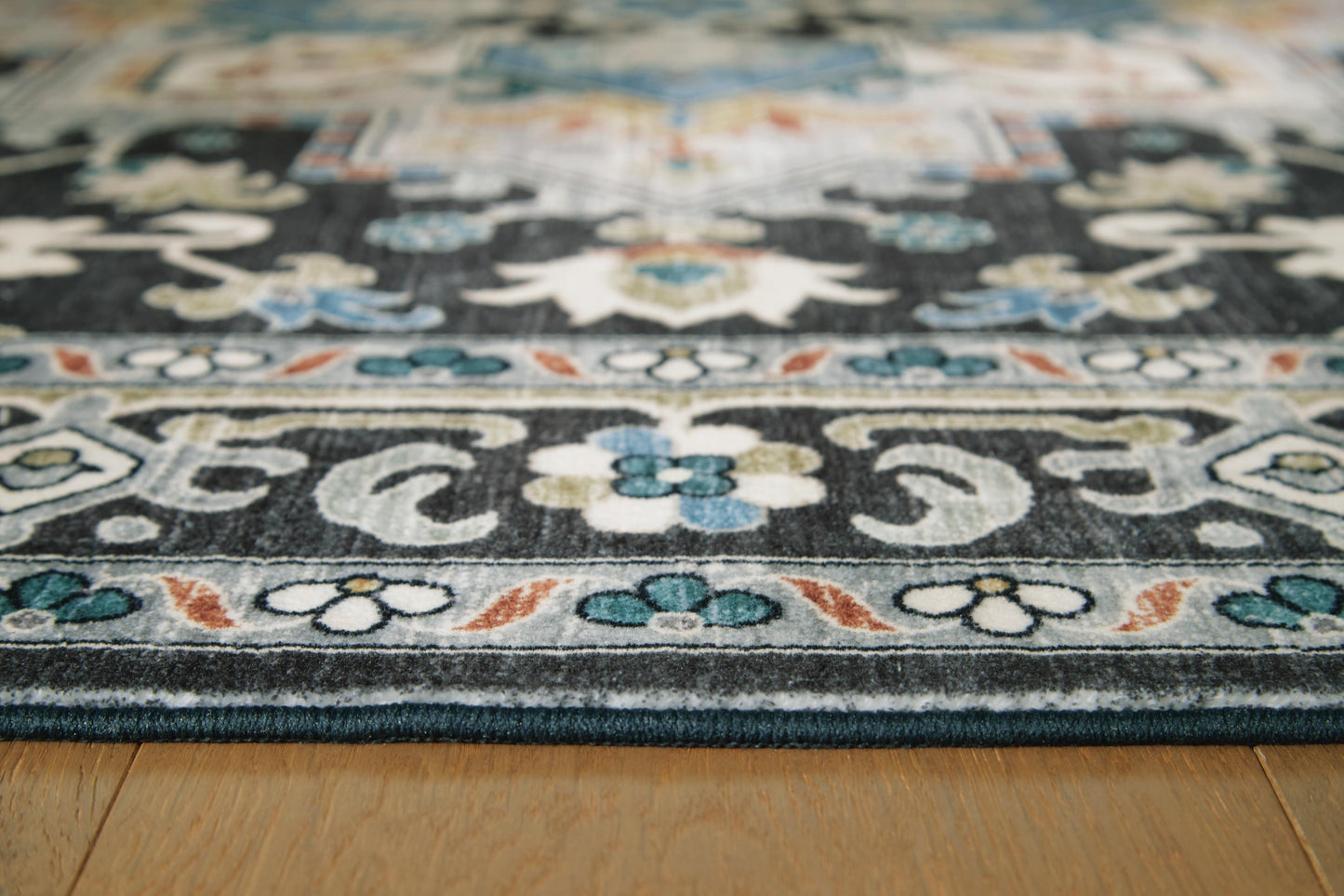 Ashley Leningston Black Cream Blue 5' x 7' Washable Rug