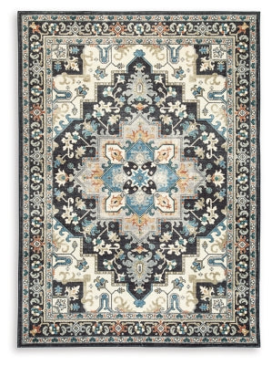 Ashley Leningston Black Cream Blue 5' x 7' Washable Rug