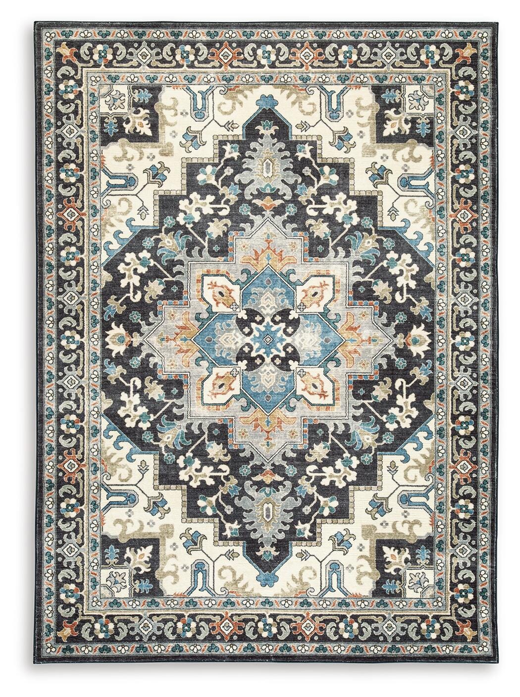 Ashley Leningston Black Cream Blue 5' x 7' Washable Rug