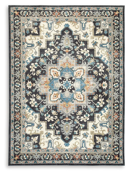 Ashley Leningston Black Cream Blue 5' x 7' Washable Rug