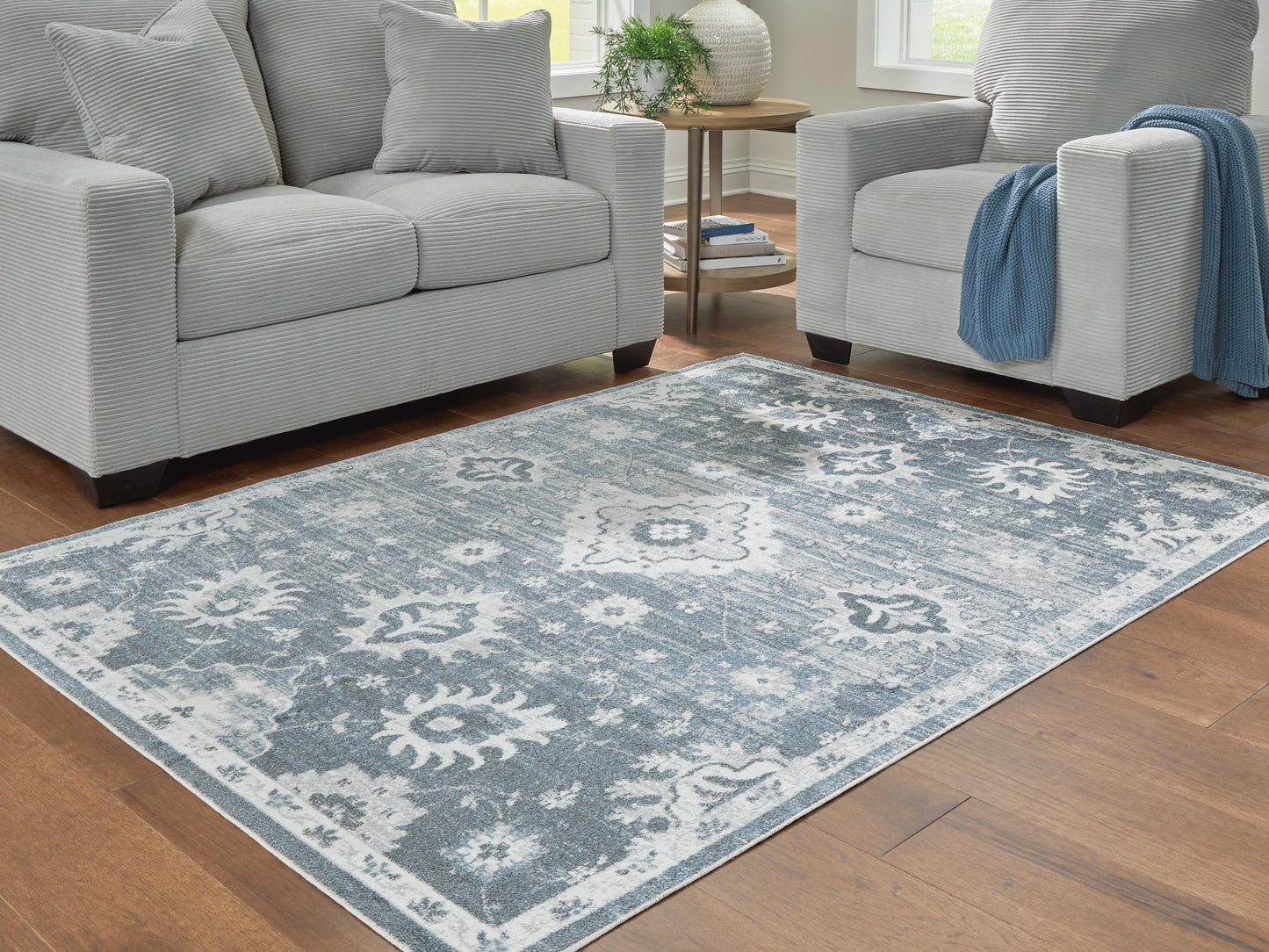 Ashley Avanworths Blue Gray Ivory Washable 5'3" x 7' Area Rug