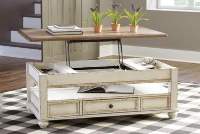 Ashley Realyn White Brown Coffee Table with Lift Top